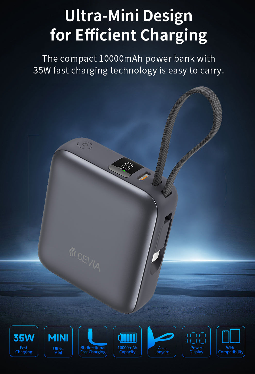 Schwarze Mini Powerbank 10.000 mAh mit 35W Schnellladen und USB C Kabel