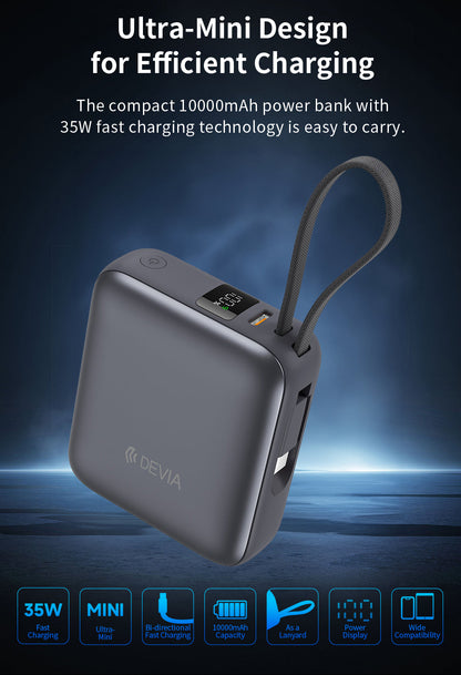 Schwarze Mini Powerbank 10.000 mAh mit 35W Schnellladen und USB C Kabel