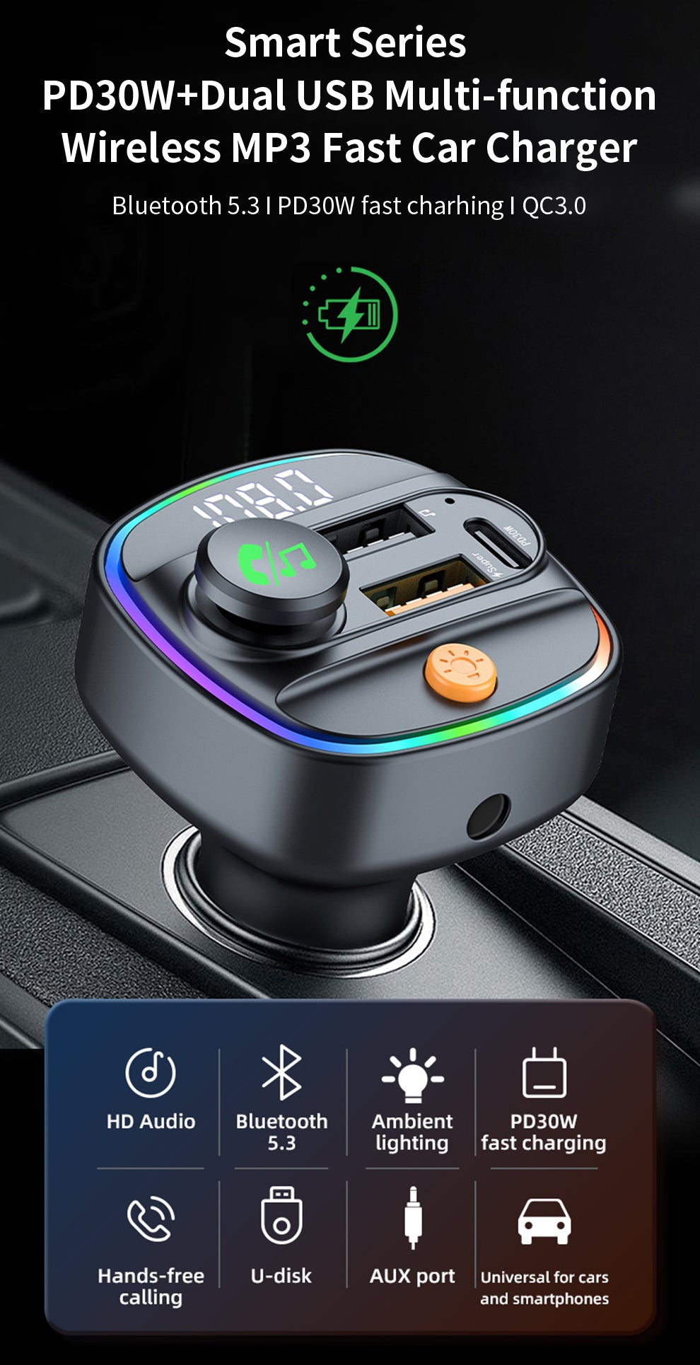 Bluetooth FM Transmitter fürs Auto mit 30W Schnellladen