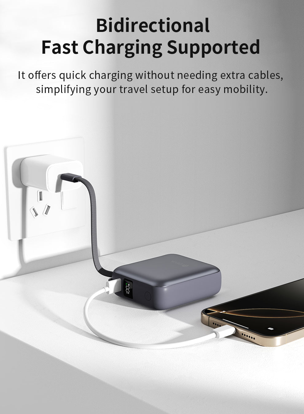 Schwarze Mini Powerbank 10.000 mAh mit 35W Schnellladen und USB C Kabel