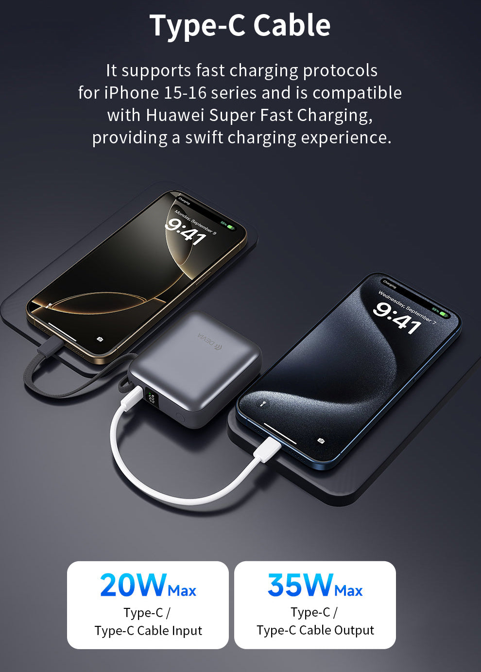 Schwarze Mini Powerbank 10.000 mAh mit 35W Schnellladen und USB C Kabel