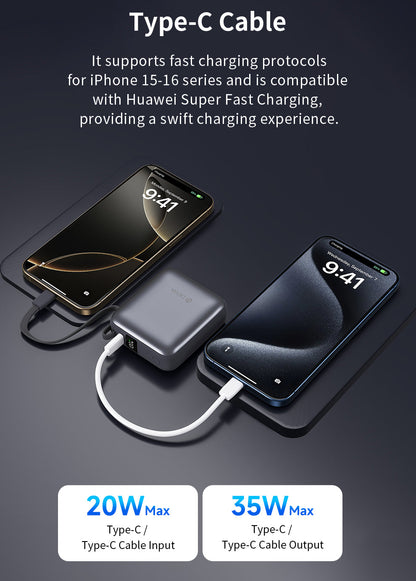 Schwarze Mini Powerbank 10.000 mAh mit 35W Schnellladen und USB C Kabel