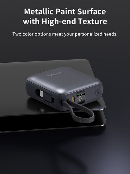 Schwarze Mini Powerbank 10.000 mAh mit 35W Schnellladen und USB C Kabel