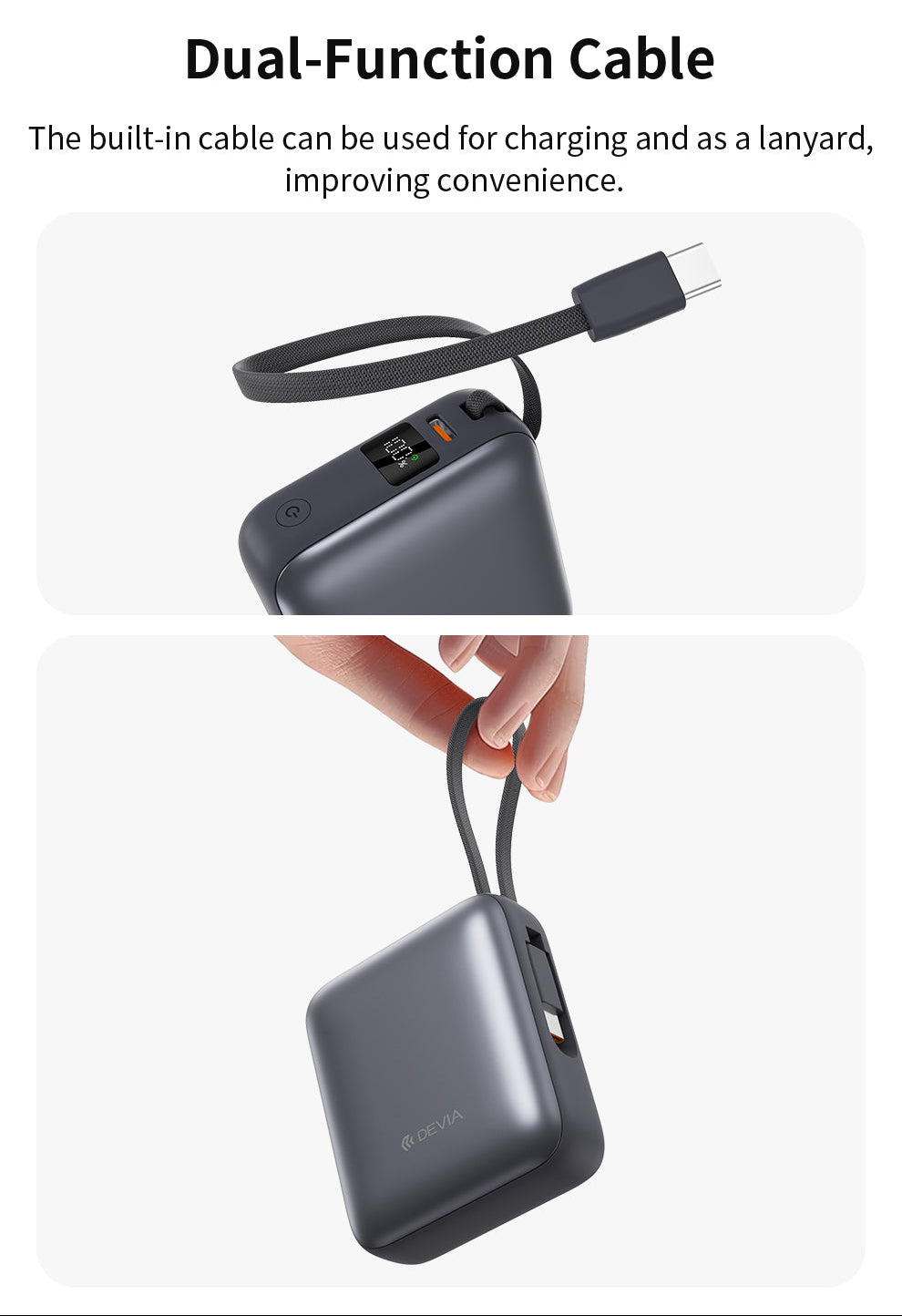 Schwarze Mini Powerbank 10.000 mAh mit 35W Schnellladen und USB C Kabel