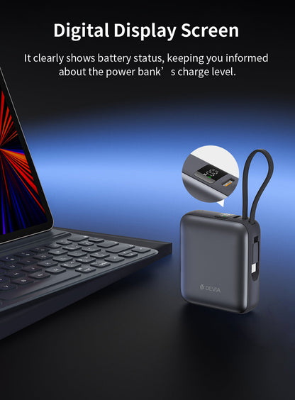 Schwarze Mini Powerbank 10.000 mAh mit 35W Schnellladen und USB C Kabel