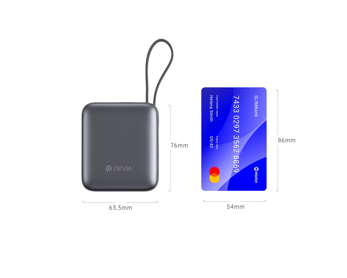 Schwarze Mini Powerbank 10.000 mAh mit 35W Schnellladen und USB C Kabel