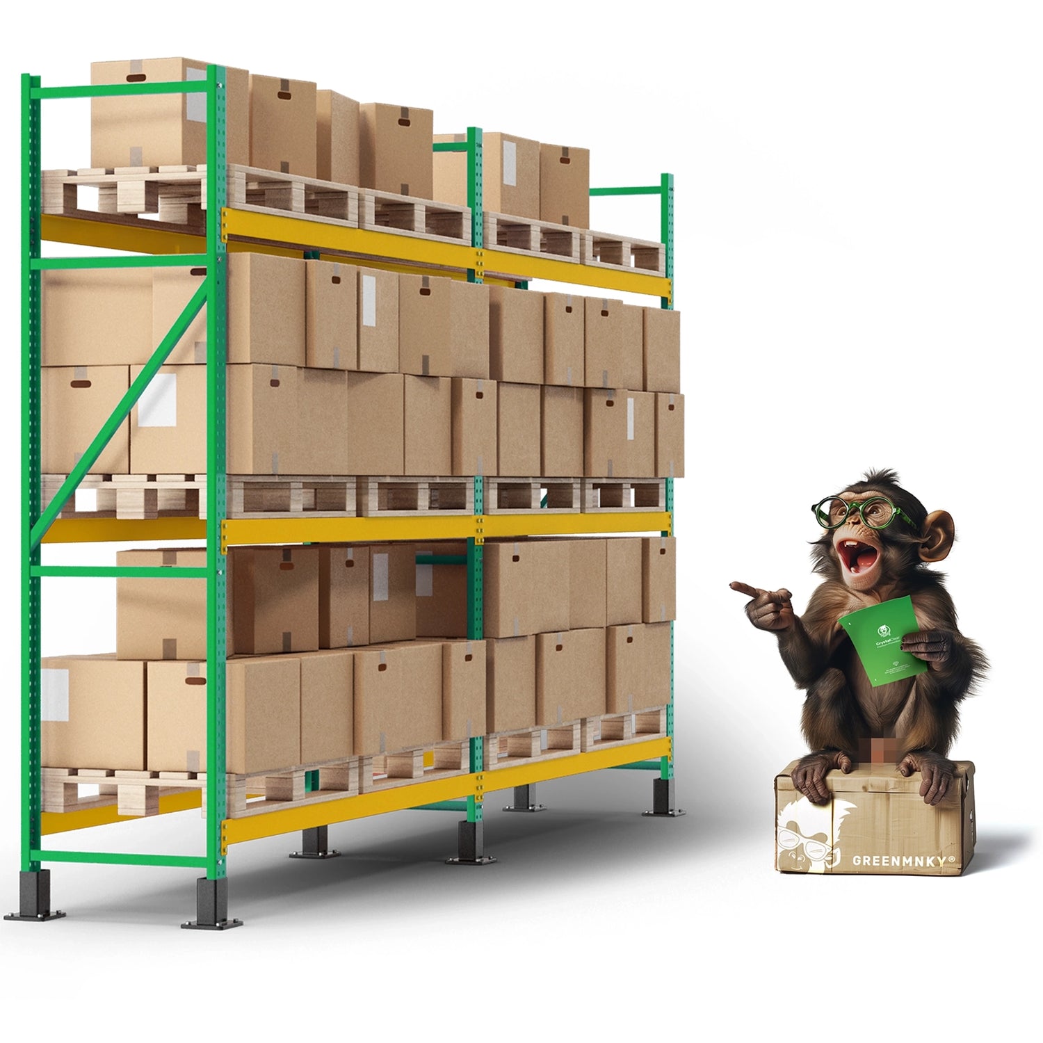 Lagerregal mit gestapelten Kartons auf Paletten; daneben GREENMNKY-Affe mit Brille, hält Produktverpackung und zeigt lachend auf das Regal; Symbol für weniger Müll mit greenmnky