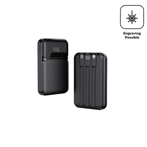 Powerbank mit integriertem Kabel (gravierbar)