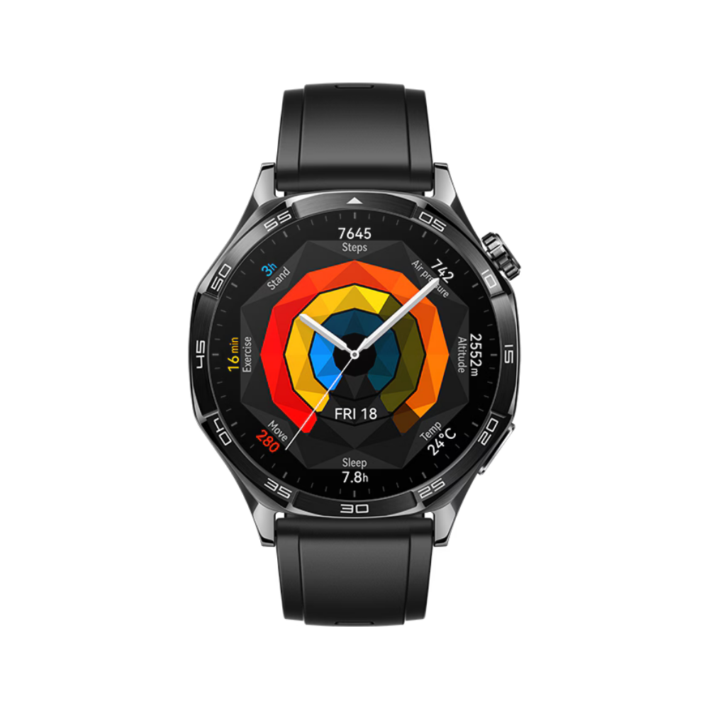 Huawei Watch GT 5 von vorne mit original wallpaper in schwarz