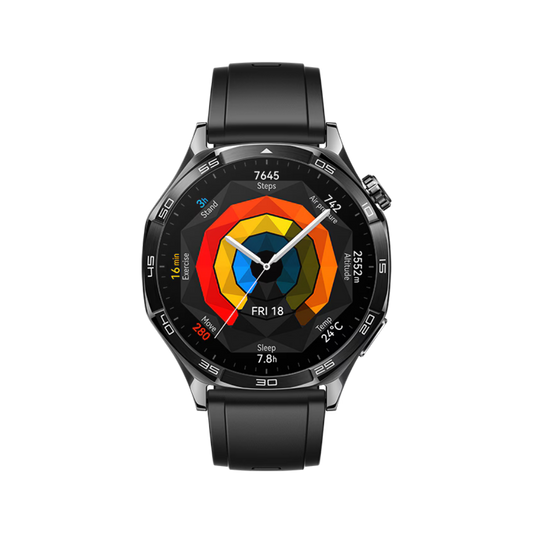 Huawei Watch GT 5 von vorne mit original wallpaper in schwarz