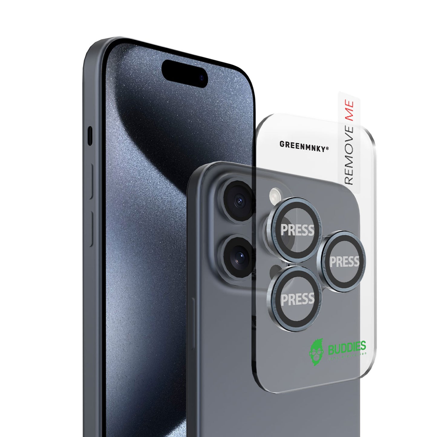 Greenmnky Buddies Kameraschutzlinsen Montage auf iPhone 15 Pro Max blau mit Applikator
