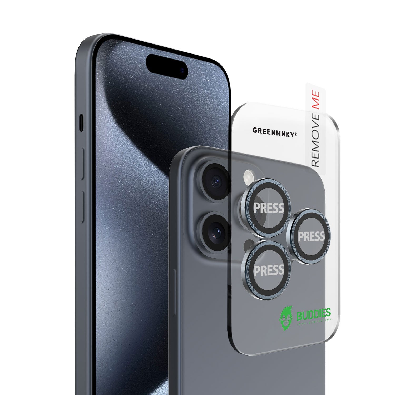 Greenmnky Buddies Kameraschutzlinsen Montage auf iPhone 15 Pro blau mit Applikator