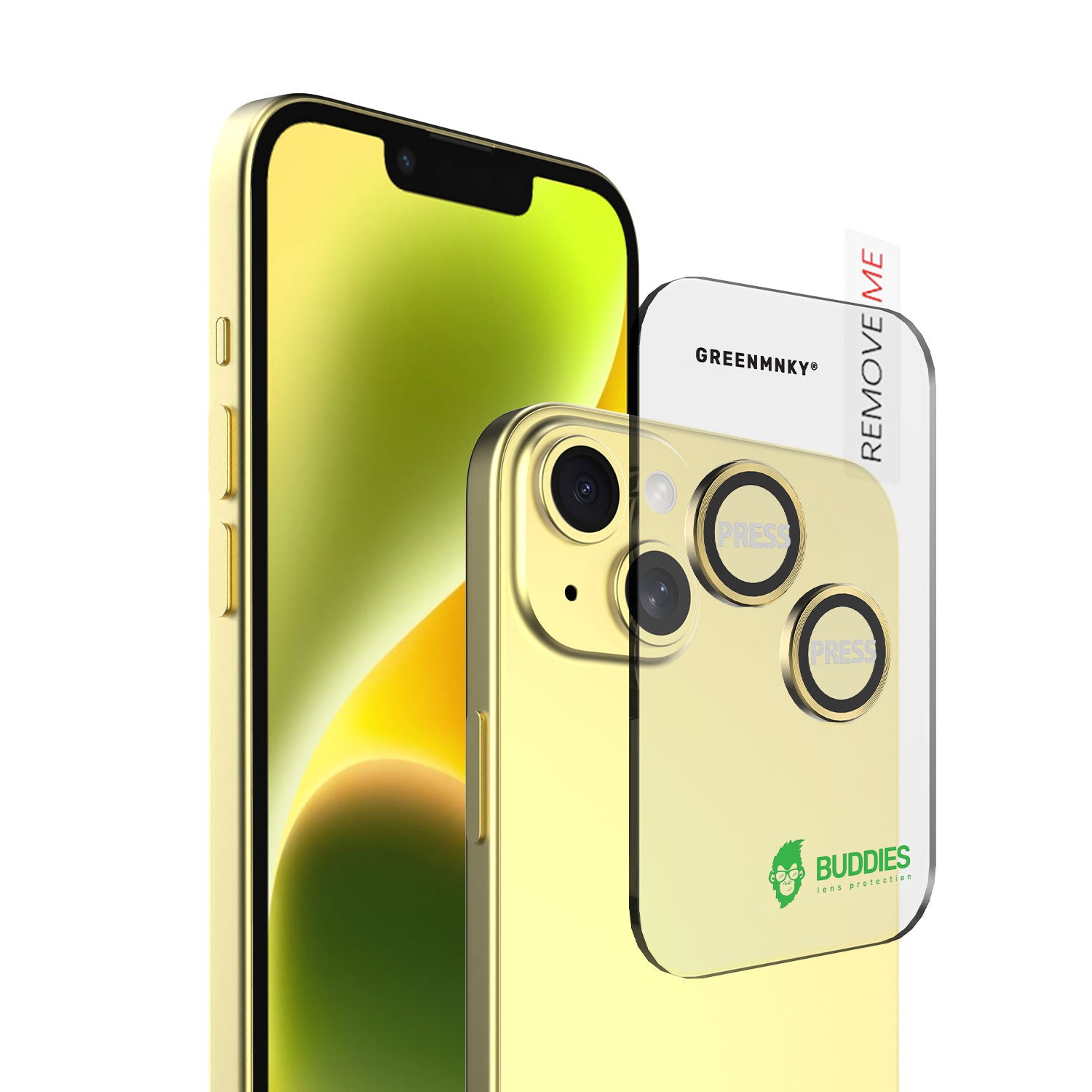Greenmnky Buddies Kameraschutzlinsen Montage auf iPhone 14 Plus gelb mit Applikator