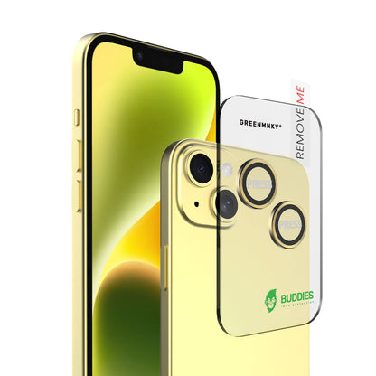 Greenmnky Buddies Kameraschutzlinsen Montage auf iPhone 14 gelb mit Applikator
