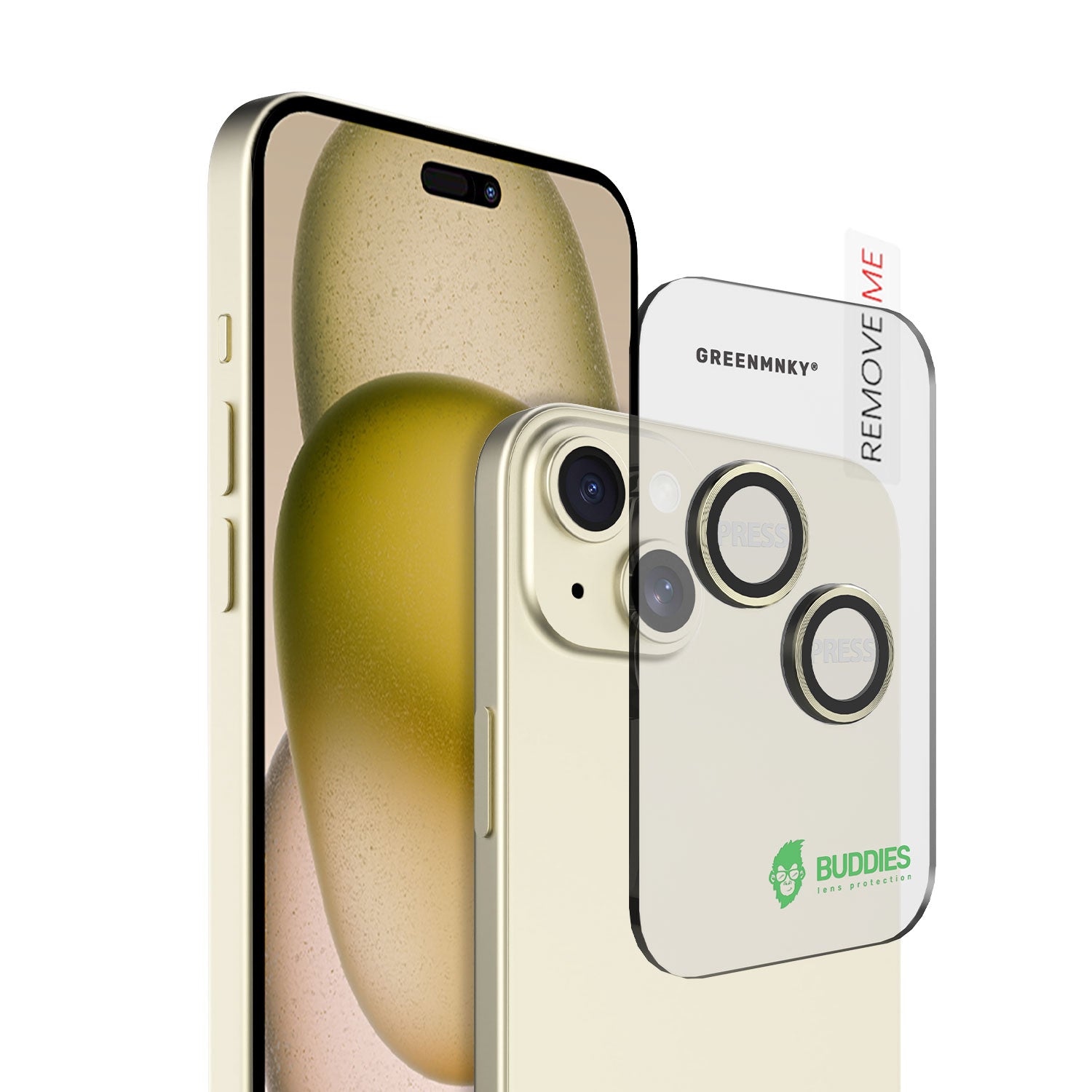 Greenmnky Buddies Kameraschutzlinsen Montage auf iPhone 15 Plus gelb mit Applikator
