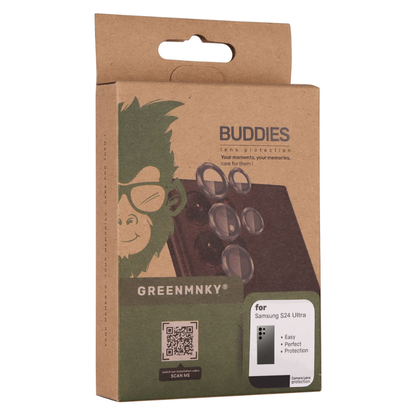 Nachhaltige Verpackung der Greenmnky Buddies Kameraschutzlinsen für Galaxy S24 Ultra grau