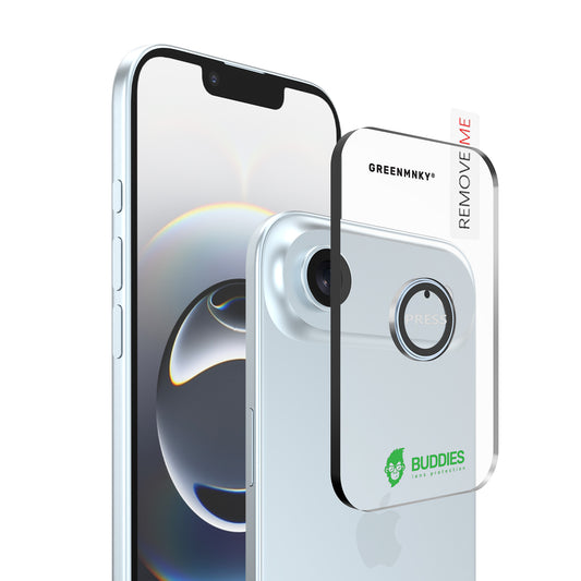 Greenmnky Buddies Kameraschutzlinsen Montage auf iPhone Air himmelblau mit Applikator
