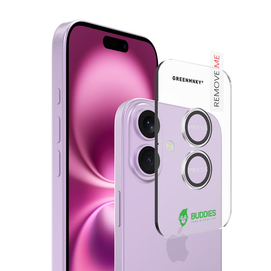 Greenmnky Buddies Kameraschutzlinsen Montage auf iPhone 17 lavendel mit Applikator