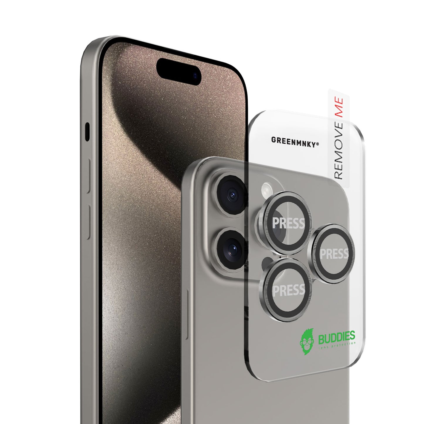 Greenmnky Buddies Kameraschutzlinsen Montage auf iPhone 15 Pro Max natur mit Applikator