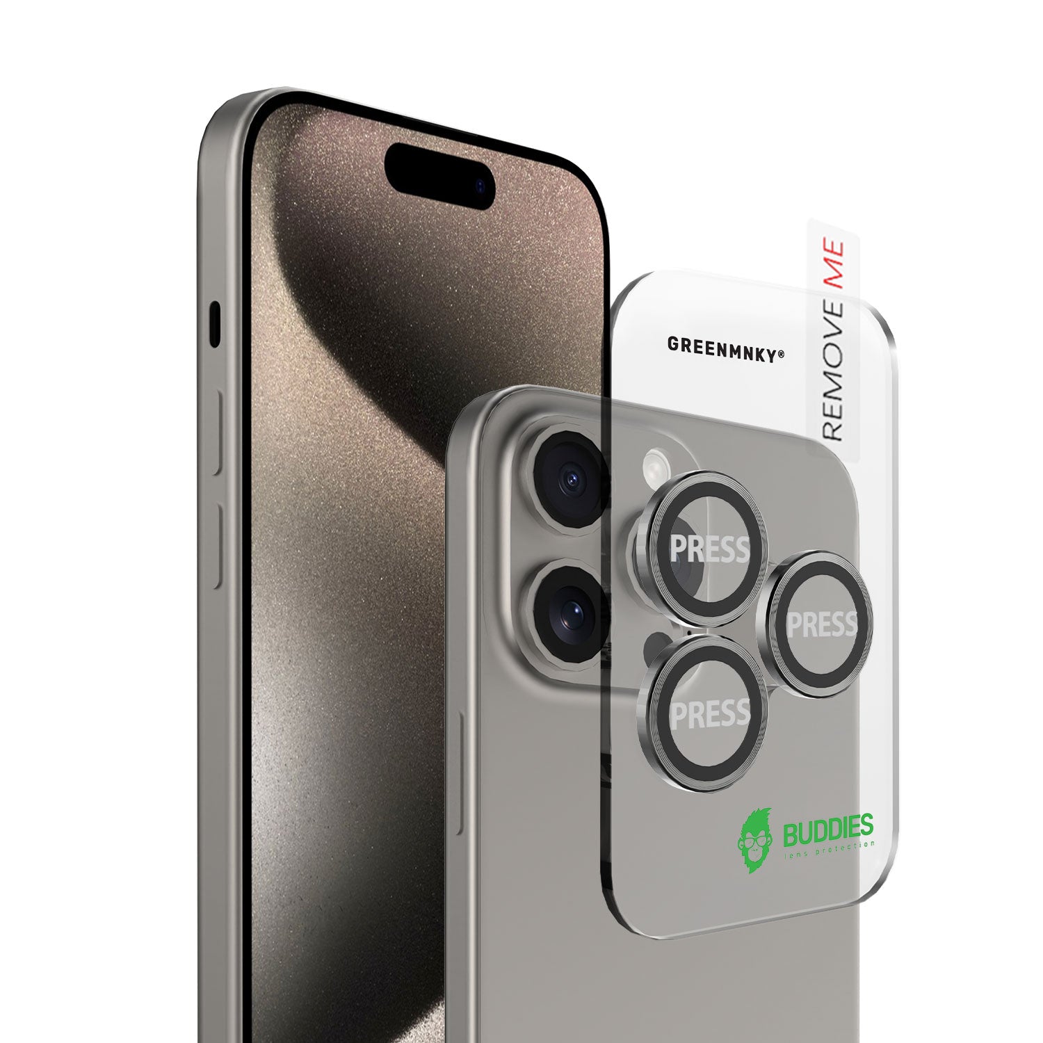 Greenmnky Buddies Kameraschutzlinsen Montage auf iPhone 15 Pro natur mit Applikator