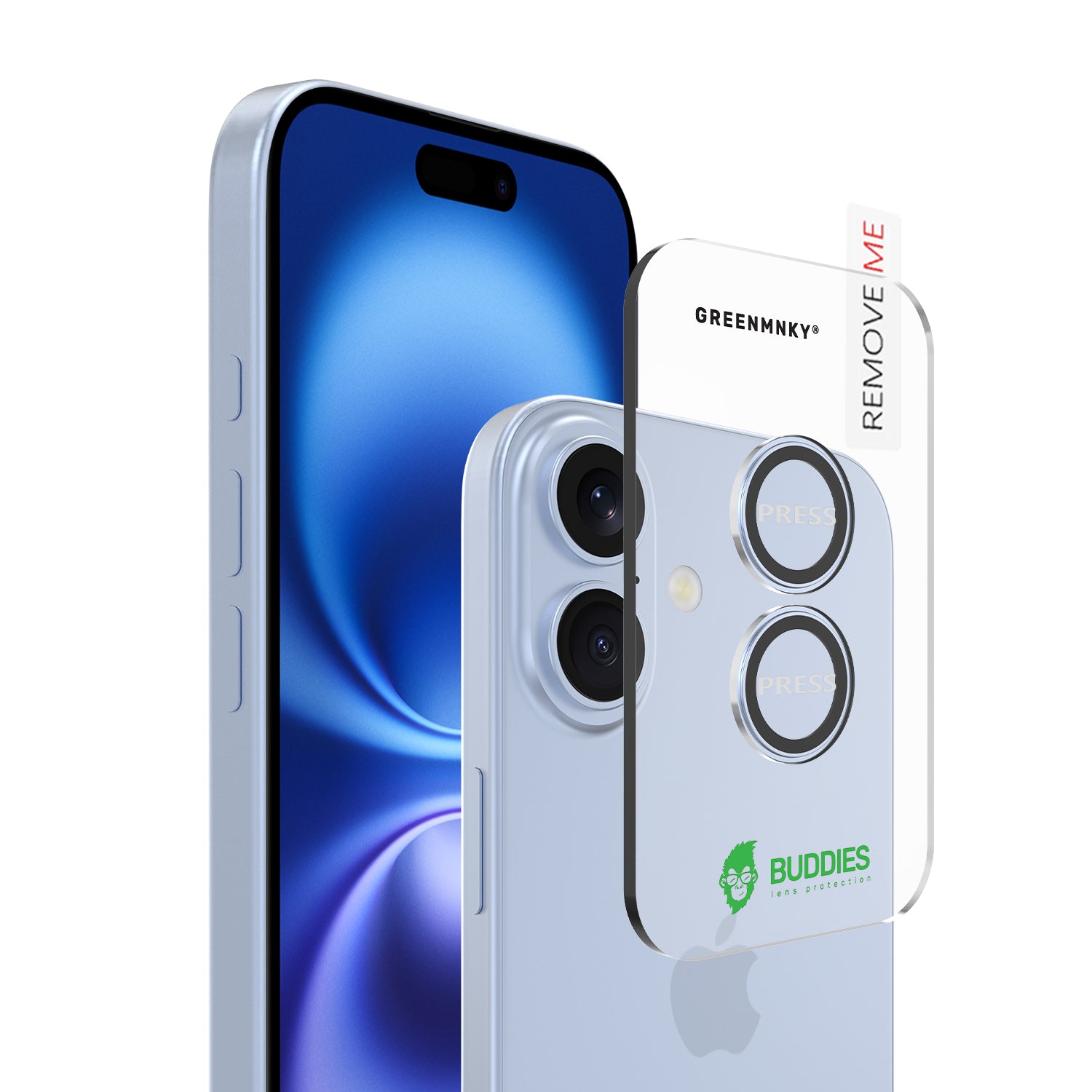 Greenmnky Buddies Kameraschutzlinsen Montage auf iPhone 17 nebelblau mit Applikator