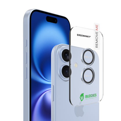 Greenmnky Buddies Kameraschutzlinsen Montage auf iPhone 17 nebelblau mit Applikator