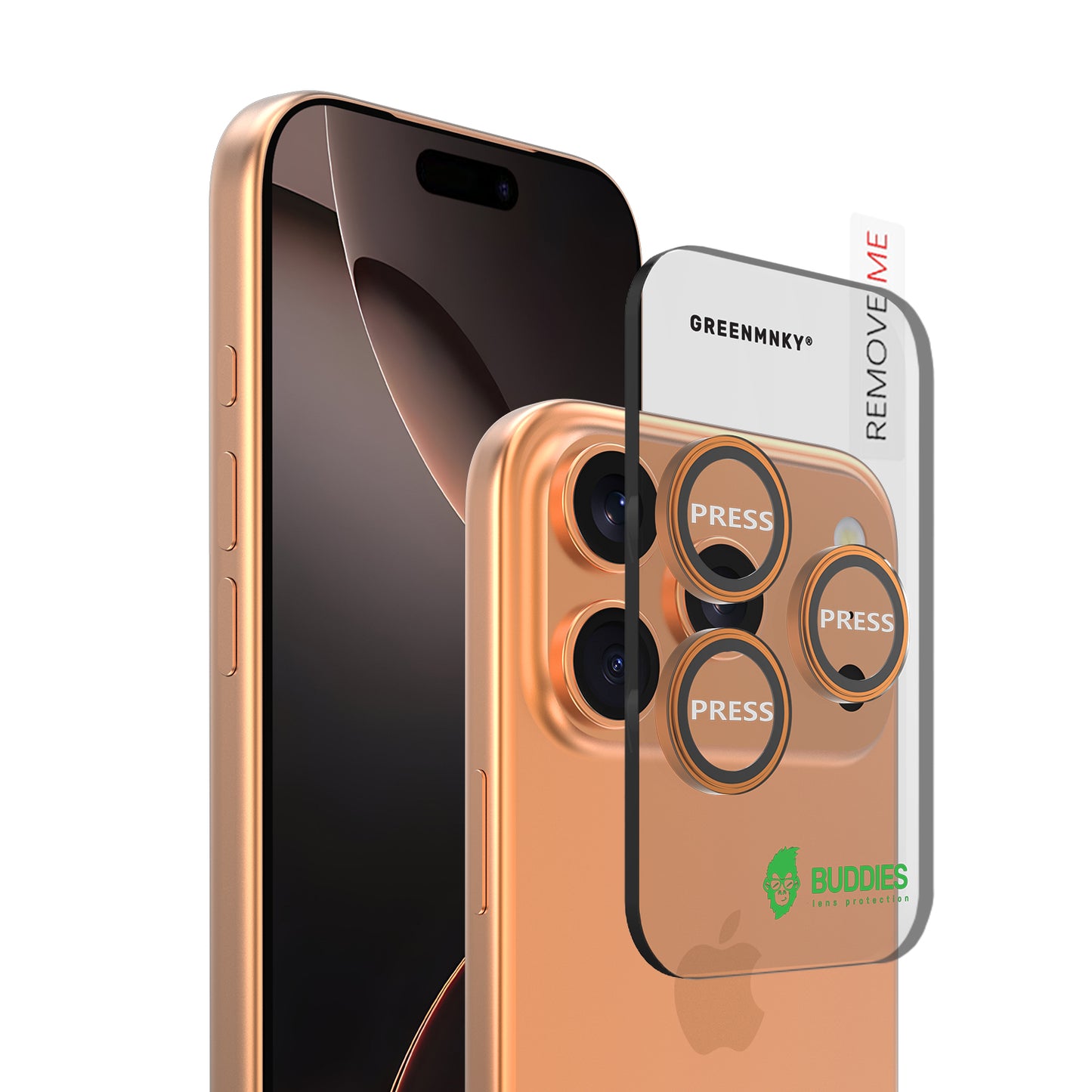 Greenmnky Buddies Kameraschutzlinsen Montage auf iPhone 17 Pro orange mit Applikator