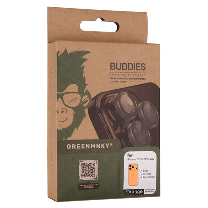 Nachhaltige Verpackung der Greenmnky Buddies Kameraschutzlinsen für iPhone 17 Pro orange