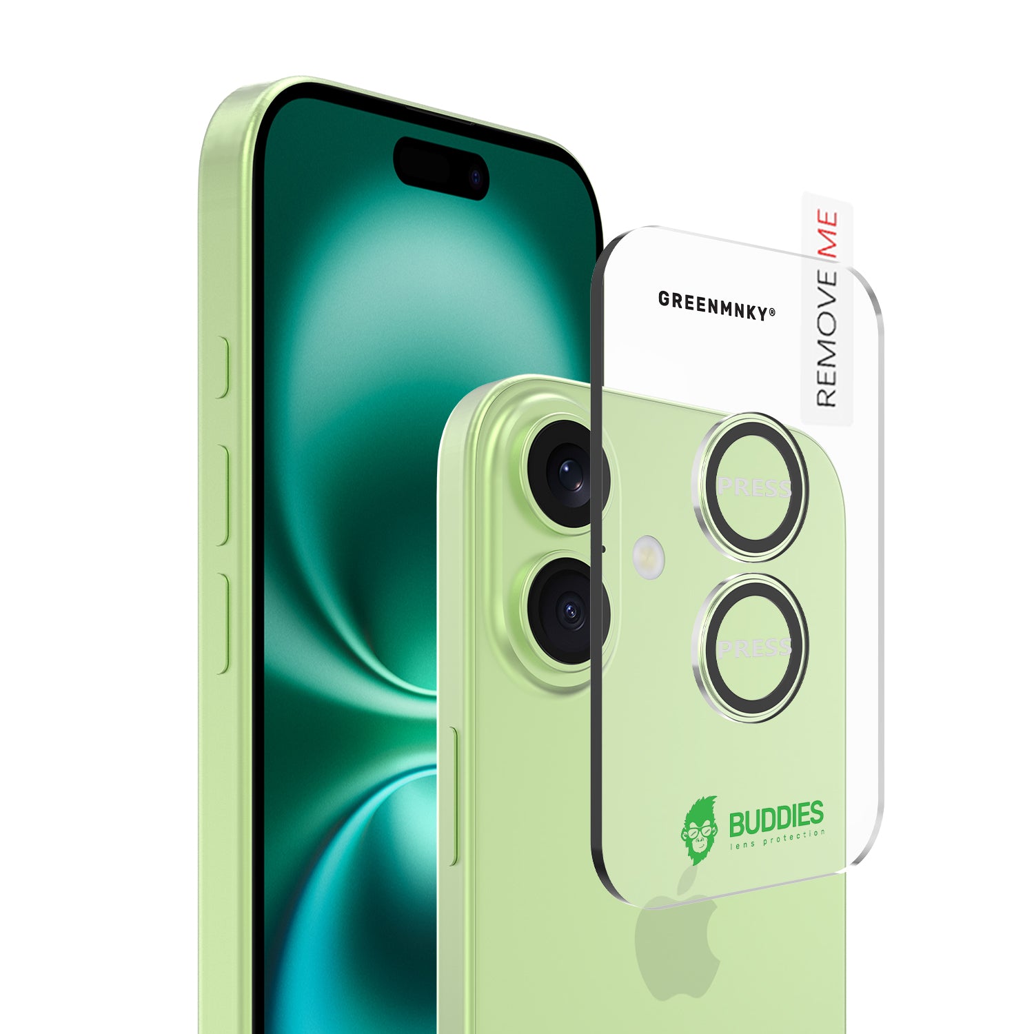 Greenmnky Buddies Kameraschutzlinsen Montage auf iPhone 17 salbei mit Applikator