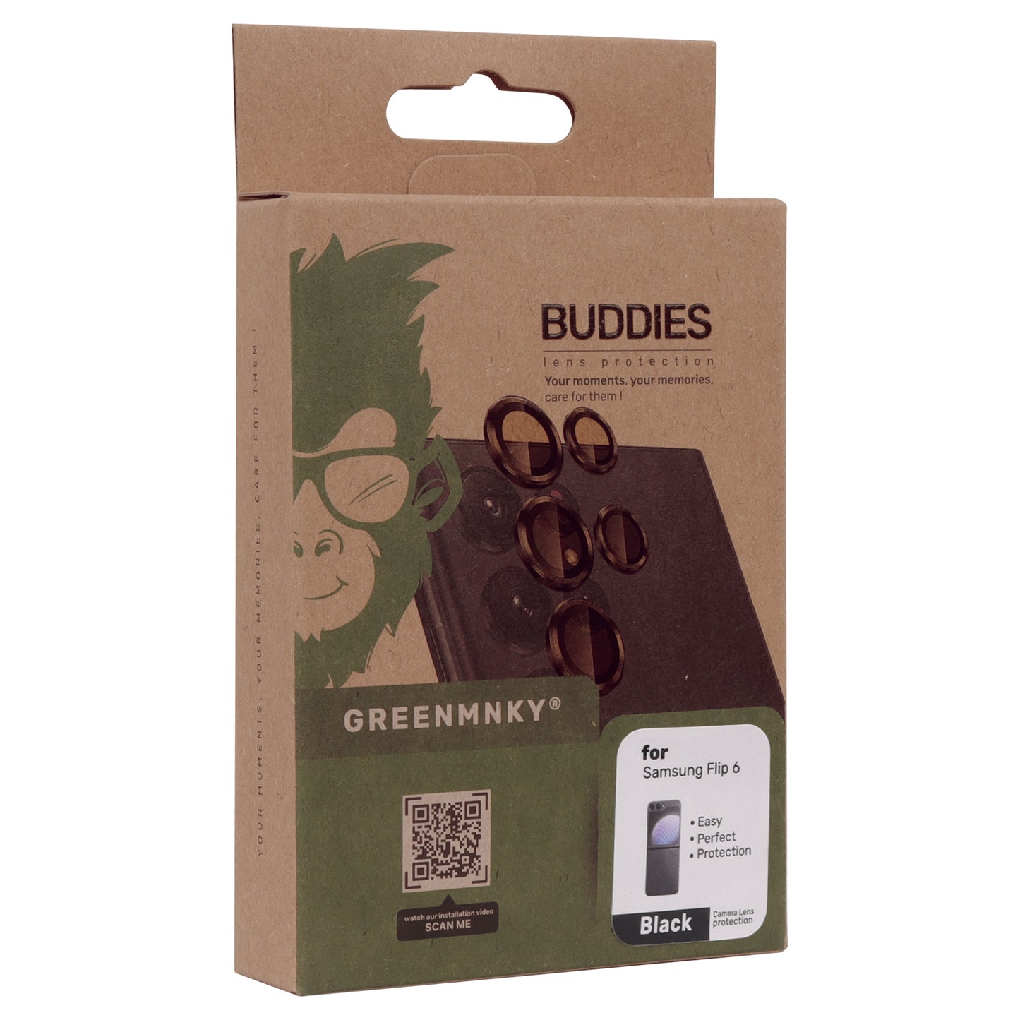 Nachhaltige Verpackung der Greenmnky Buddies Kameraschutzlinsen für Galaxy Z Flip 6 schwarz
