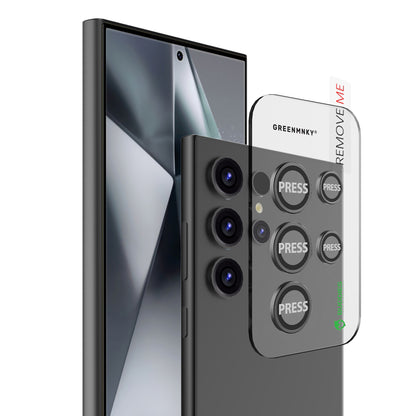 Greenmnky Buddies Kameraschutzlinsen Montage auf Galaxy S25 Ultra schwarz mit Applikator