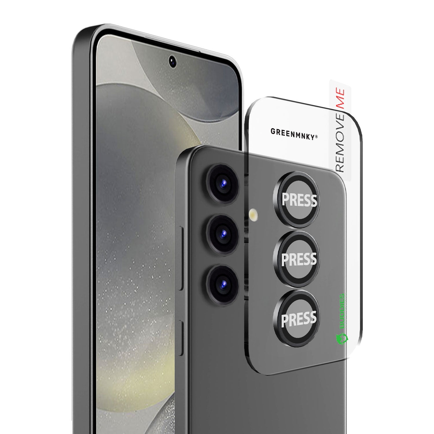 Greenmnky Buddies Kameraschutzlinsen Montage auf Galaxy S25 schwarz mit Applikator
