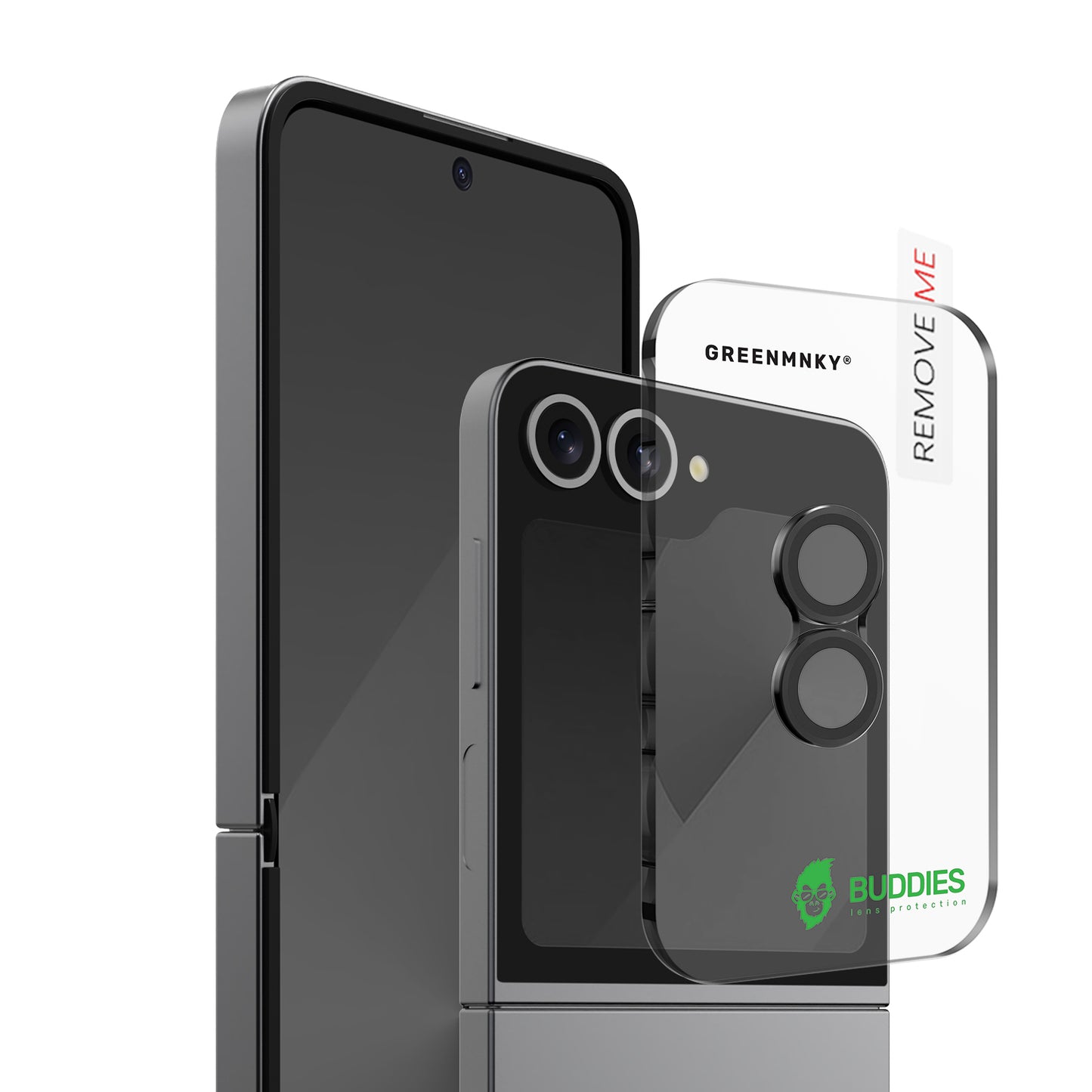 Greenmnky Buddies Kameraschutzlinsen Montage auf Galaxy Z Flip 6 schwarz mit Applikator