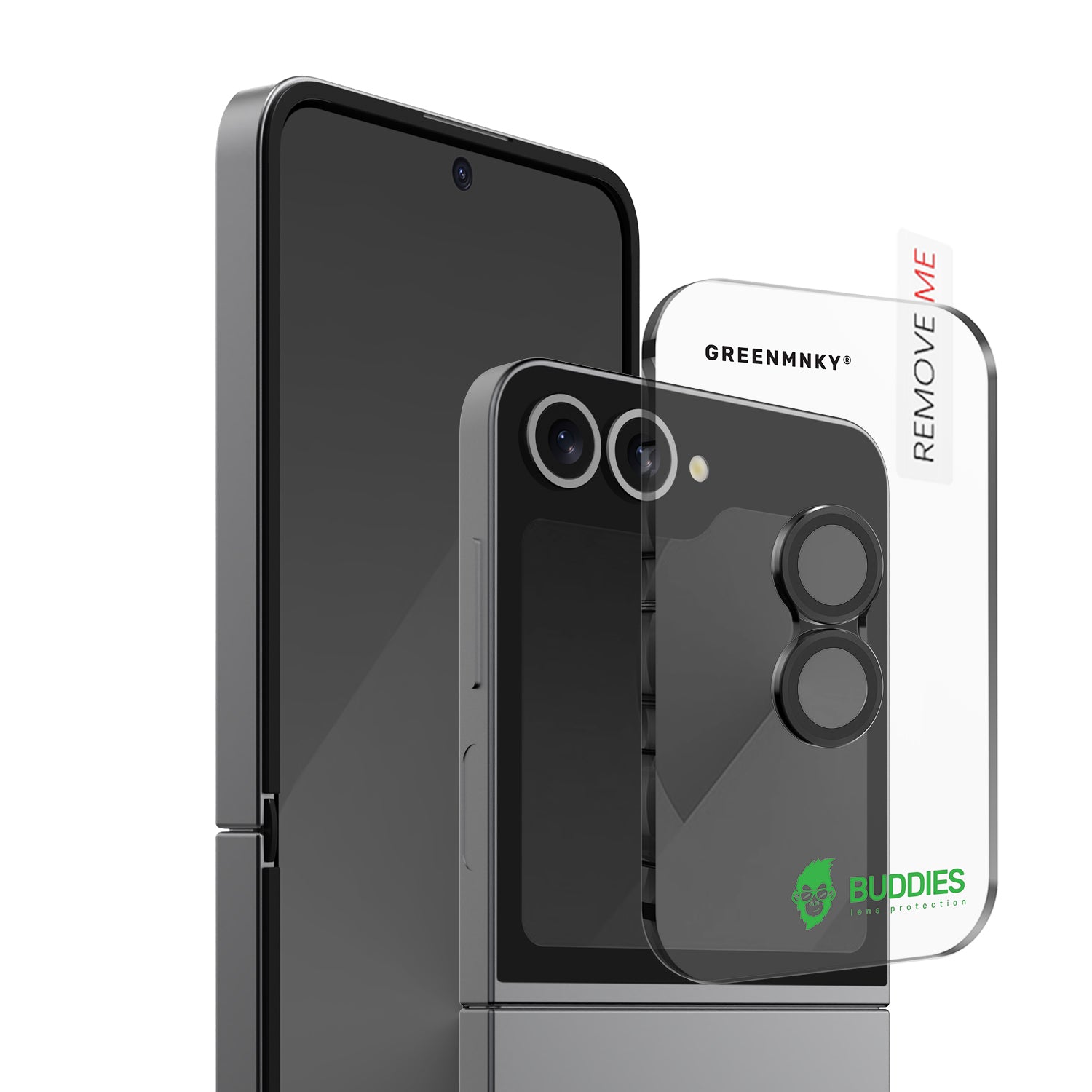 Greenmnky Buddies Kameraschutzlinsen Montage auf Galaxy Z Flip 6 schwarz mit Applikator
