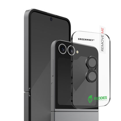 Greenmnky Buddies Kameraschutzlinsen Montage auf Galaxy Z Flip 6 schwarz mit Applikator