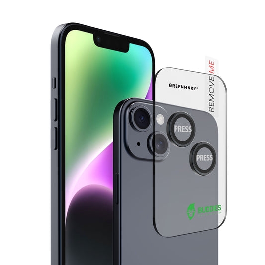 Greenmnky Buddies Kameraschutzlinsen Montage auf iPhone 14 Plus schwarz mit Applikator