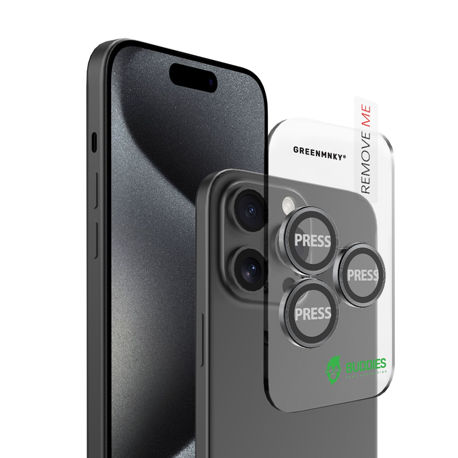Greenmnky Buddies Kameraschutzlinsen Montage auf iPhone 15 Pro Max schwarz mit Applikator