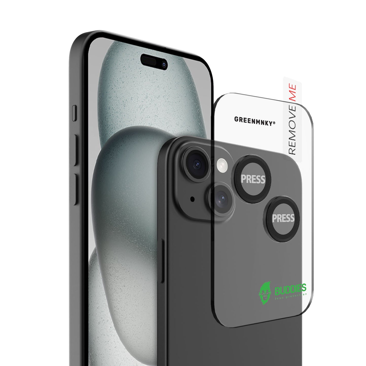 Greenmnky Buddies Kameraschutzlinsen Montage auf iPhone 15 schwarz mit Applikator