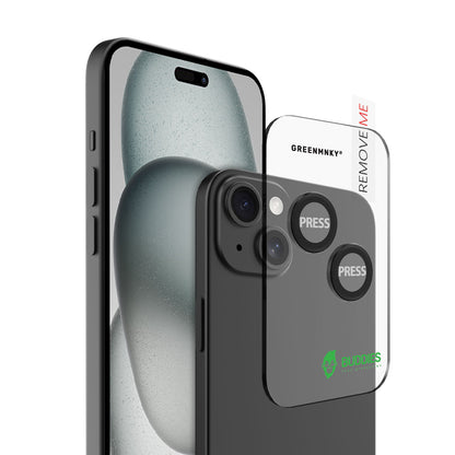 Greenmnky Buddies Kameraschutzlinsen Montage auf iPhone 15 schwarz mit Applikator