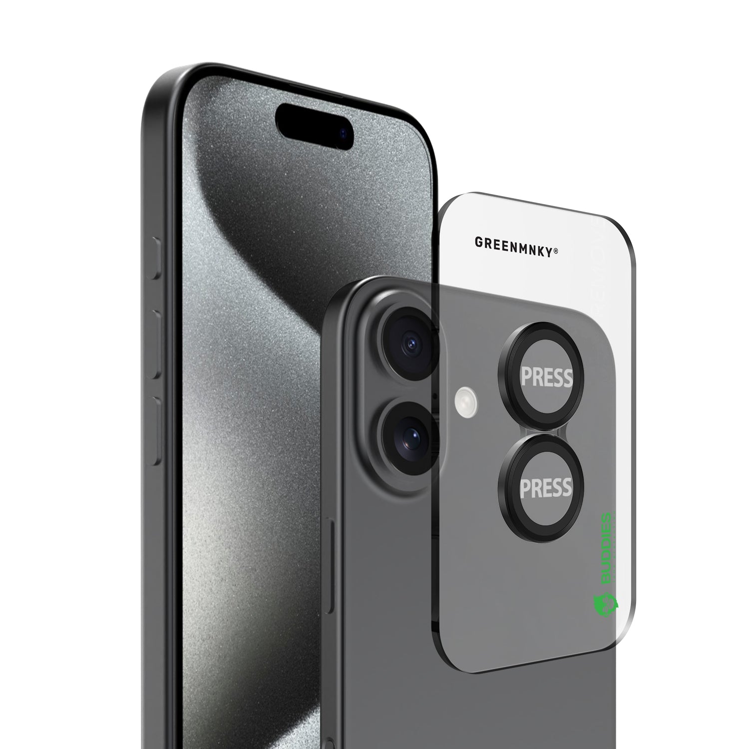 Greenmnky Buddies Kameraschutzlinsen Montage auf iPhone 16 Plus schwarz mit Applikator