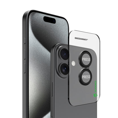 Greenmnky Buddies Kameraschutzlinsen Montage auf iPhone 16 Plus schwarz mit Applikator