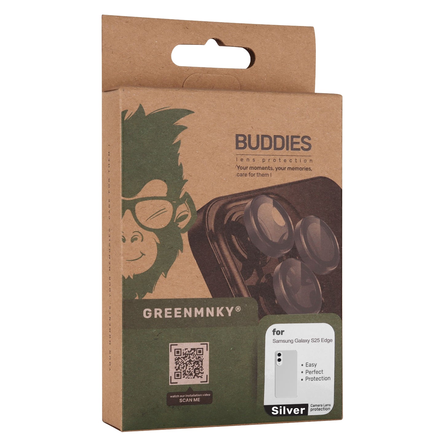 Nachhaltige Verpackung der Greenmnky Buddies Kameraschutzlinsen für Galaxy S25 Edge silber