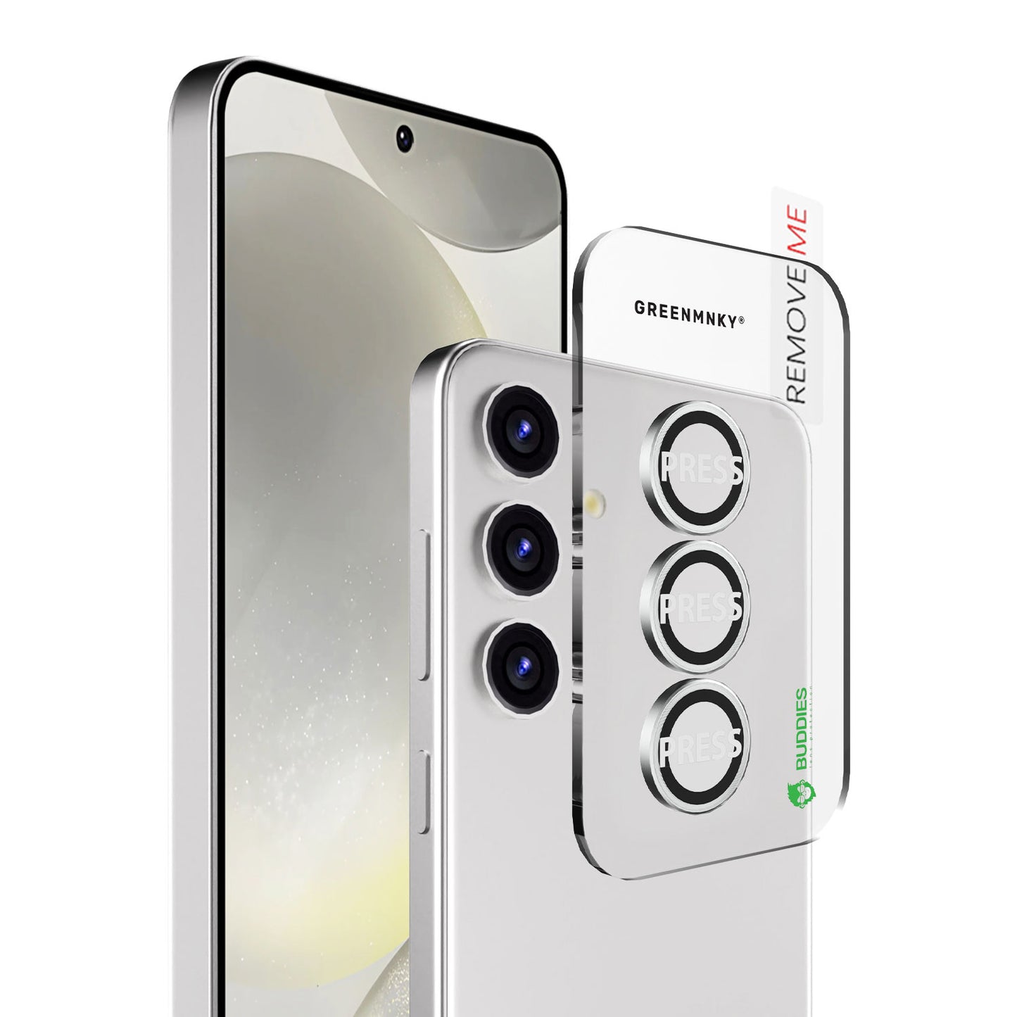 Greenmnky Buddies Kameraschutzlinsen Montage auf Galaxy S25 Plus silber mit Applikator