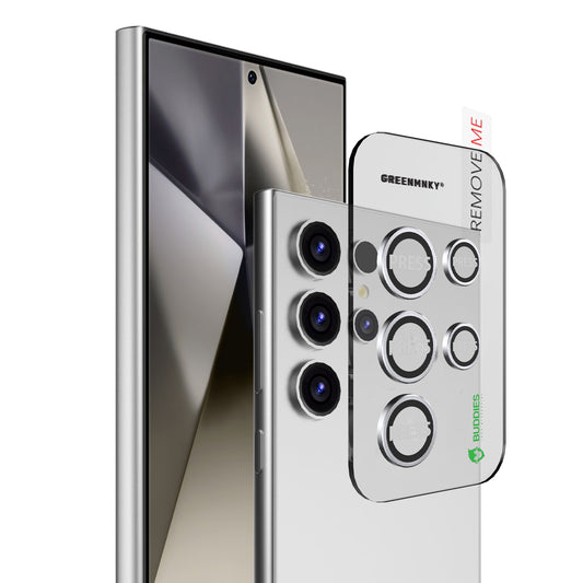 Greenmnky Buddies Kameraschutzlinsen Montage auf Galaxy S25 Ultra silber mit Applikator