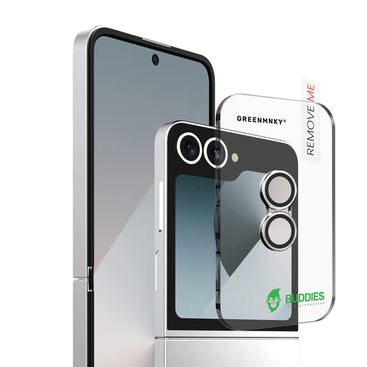 Greenmnky Buddies Kameraschutzlinsen Montage auf Galaxy Z Flip 6 silber mit Applikator