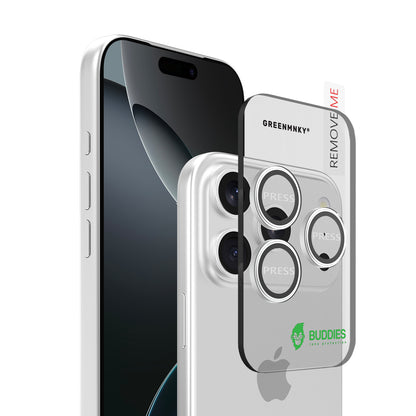 Greenmnky Buddies Kameraschutzlinsen Montage auf iPhone 17 Pro silber mit Applikator