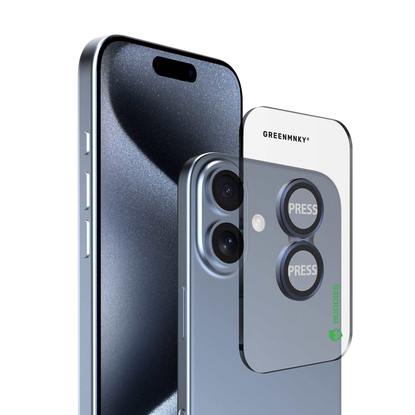 Greenmnky Buddies Kameraschutzlinsen Montage auf iPhone 16 Plus ultramarin mit Applikator