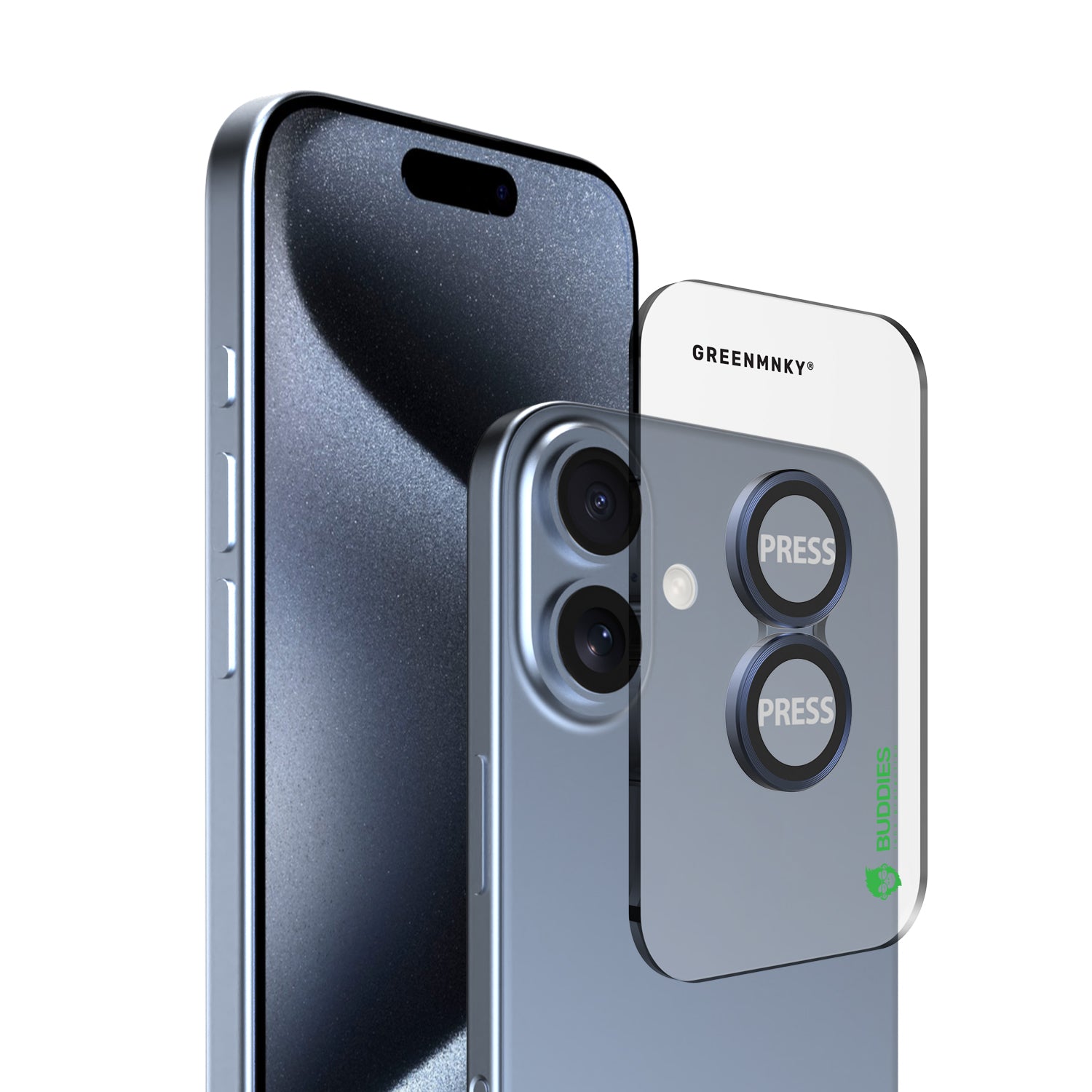 Greenmnky Buddies Kameraschutzlinsen Montage auf iPhone 16 ultramarin mit Applikator