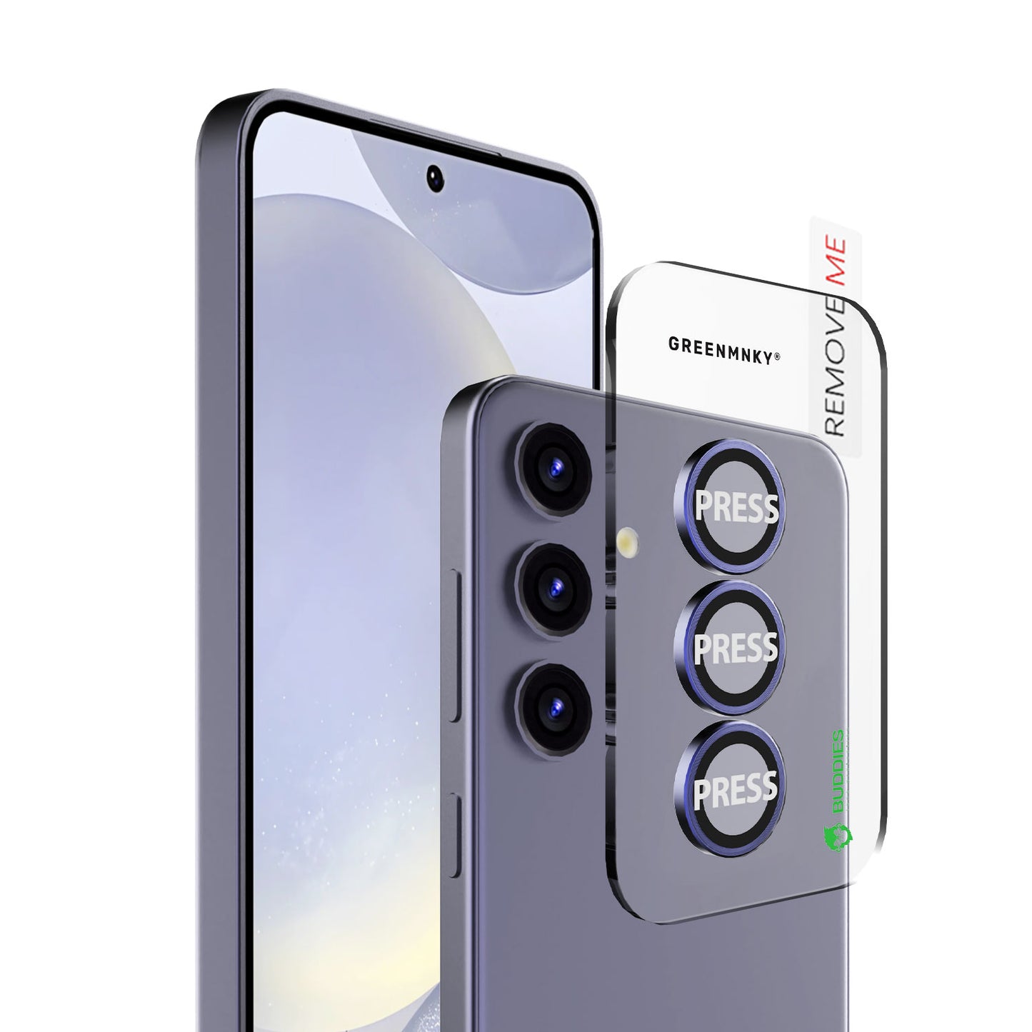 Greenmnky Buddies Kameraschutzlinsen Montage auf Galaxy S24 Plus violet mit Applikator