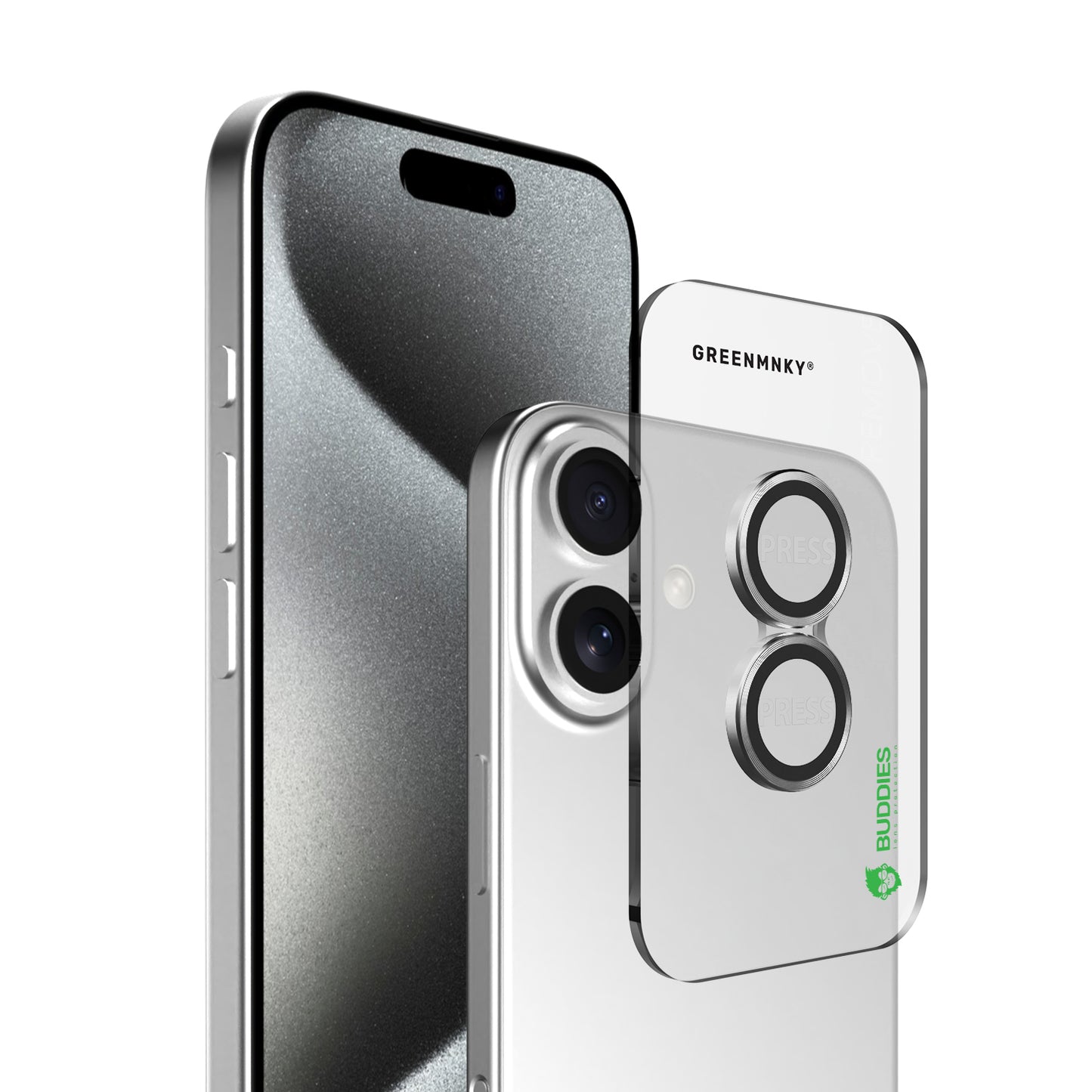 Greenmnky Buddies Kameraschutzlinsen Montage auf iPhone 16 weiß mit Applikator